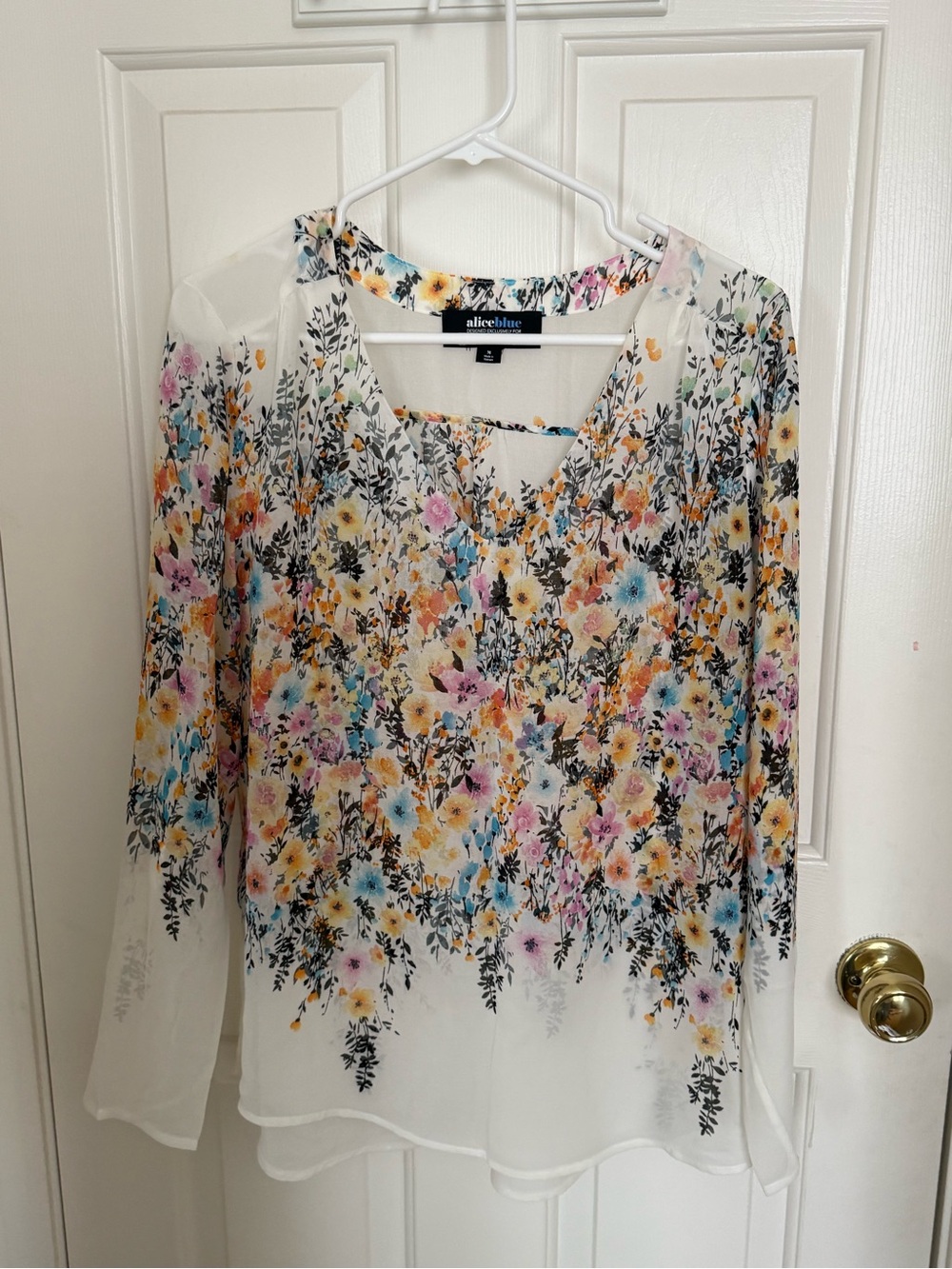 Alice Blue White Floral V-Neck Sheer Blouse with Multicolor Print